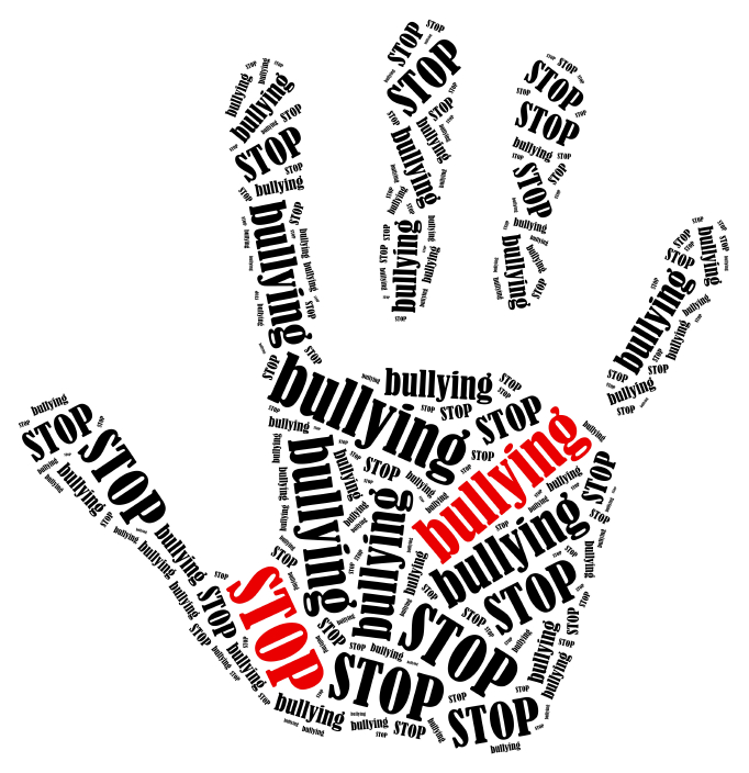 Stop bullying. Word cloud illustration in shape of hand print showing protest.