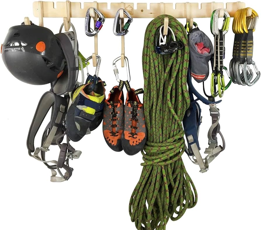 rock climbing gear such as rope, carabiners, shoes, helmets, ETC